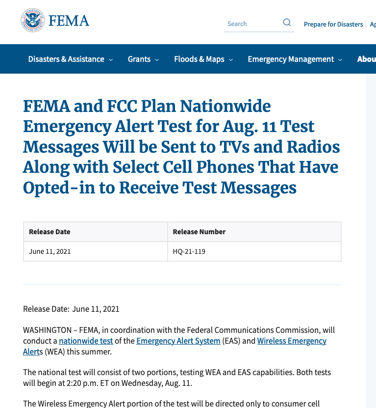 Heads Up Fema And Fcc Plan Nationwide Emergency Alert Test For Aug 11 Test Messages Will Be